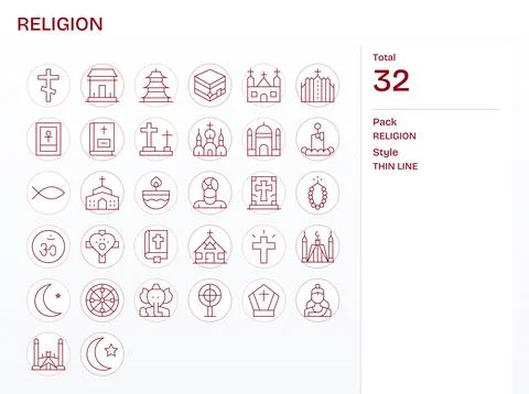 Religion Vector Icon Set with 32 Thin Line 64x64 Pixel Optimized Graphics Stock Illustration