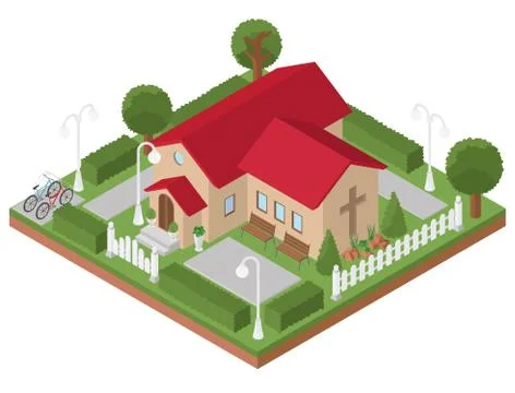 Religious architecture. Flat 3d isometric church and city map elements such.. Stock Illustration