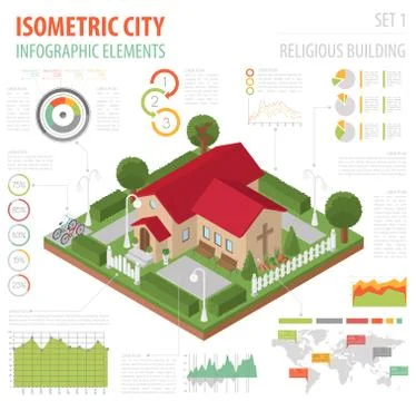 Religious architecture. Flat 3d isometric church and city map creator eleme.. Stock Illustration