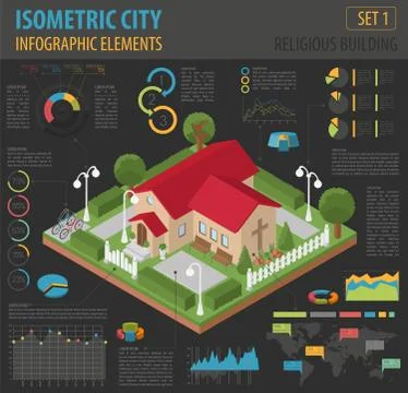 Religious architecture. Flat 3d isometric church and city map creator eleme.. イラスト素材