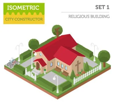Religious architecture. Flat 3d isometric church and city map creator eleme.. 스톡 일러스트
