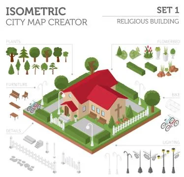 Religious architecture. Flat 3d isometric church and city map creator eleme.. Stock Illustration