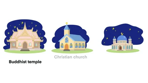 Religious buildings featuring Buddhist temple, Christian church,Islamic mosque Stock Footage 330256866