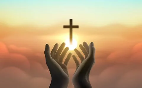 Religious card, hands on sunset background, Christian cross. Vector illustration Stock Illustration
