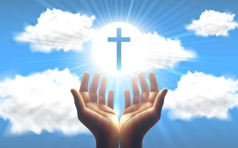 Religious card, hands on sunset background, Christian cross. Vector illustration Stock Illustration