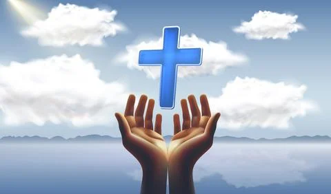 Religious card, hands on sunset background, Christian cross. Vector illustration Stock Illustration