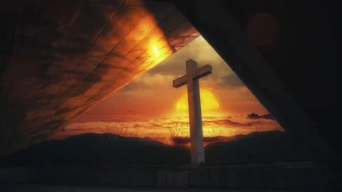 Religious Cross Ocean Sunrise Waves Reflection Motion Background Stock Footage 238088030