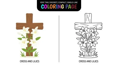 A religious Easter cross adorned with blooming white lilies and green foliage Stock Illustration