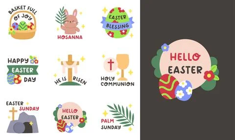 Religious Easter Quote Sticker Set in Cute Cartoon Style Stock Illustration
