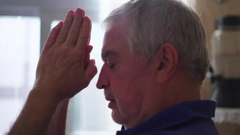 Religious Elderly man in PRAYER, devout Spiritual Older person having HOPE .. Stock Footage 254905650