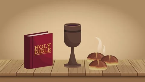 Religious eucharist elements including holy bible chalice with wine and bre.. Stock Footage 338314116