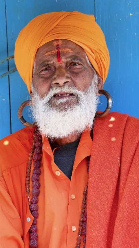 Religious Hindu Monk with White Beard and Spiritual Expression Stock-Footage 337366783