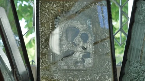 Religious Image on a Window Sill Small Apartment Living Room of a Monk Nun Stock Footage 64104599