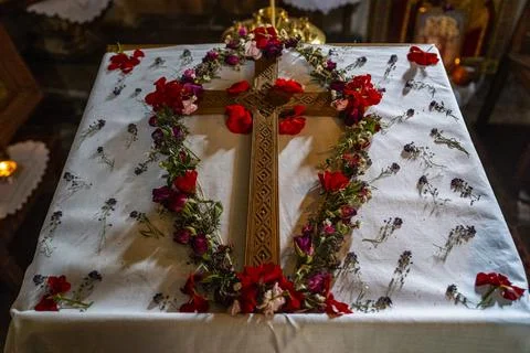 Religious items display at Ikoti Monastery in Leningor, showcasing faith and Stock Photos