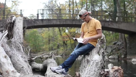 A religious man contemplates the Bible while outside in a park Stock Footage 142225387