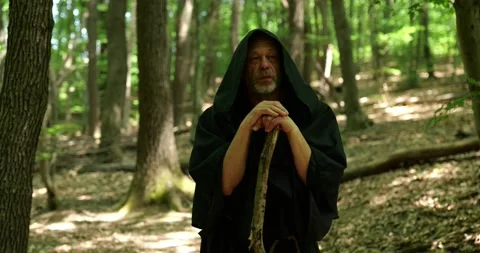Religious monk rests during a walking pilgrimage among trees maintaining calmnes Stock Footage 336694701