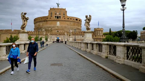 Religious monuments of Angels on the sides of the bridge and Castle Sant'Angelo Stock Footage 144814231