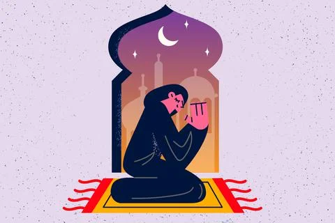 Religious muslim woman pray near mosque Stock Illustration