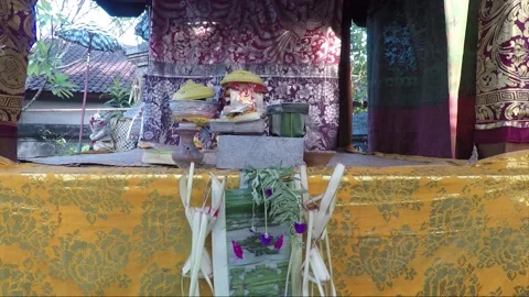 Religious offerings in the outer courtyard of the temple, Bali, Indonesia Stock Footage 150163992