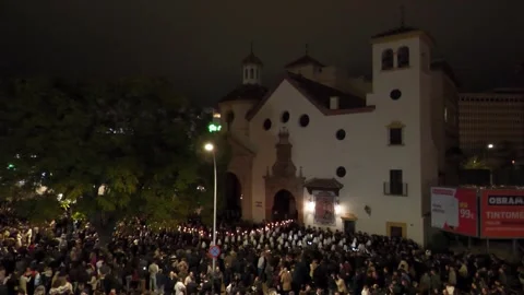 Religious Procession Leaving San Juan Church in Malaga at Night Stock Footage 335942501