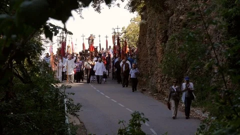 Religious procession walking at camera framed by trees Stock Footage 98159877