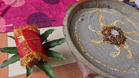 Religious ritual objects arranged for ceremony ceremonial including a sand 스톡 동영상 347257301