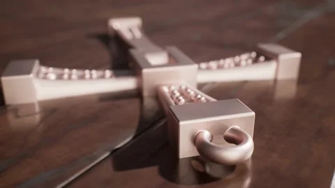 A Religious rose gold cross falling onto wooden floor panels Stock Footage 155222638