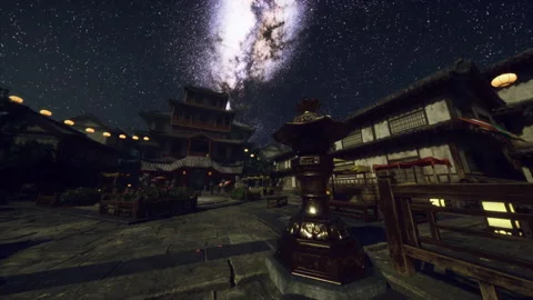 Religious shrine and glowing lanterns beneath twinkling night sky Stock-Footage 341566587