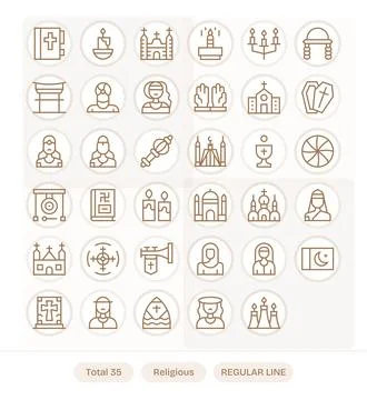 Religious Vector Icon Collection with 35 Retina Ready Regular Line Designs Stock Illustration