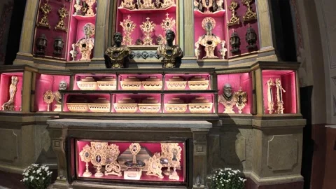 Reliquary cabinet displaying sacred objects in cathedral of Carpi, Italy Stock Footage 309530854