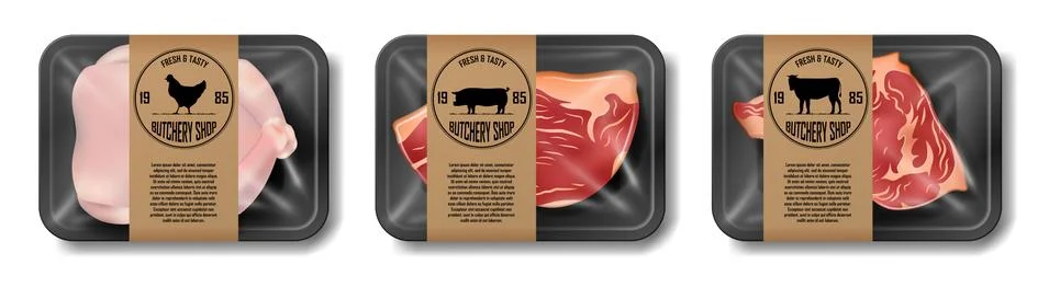 Relistic meat packaging of beef, pork and chicken. Set of supermarket meat Stock Illustration