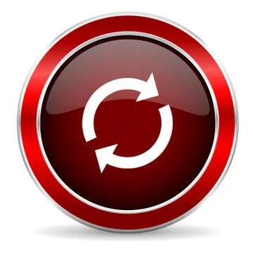 Reload red circle glossy web icon, round button with metallic border Illustrazione stock