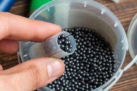 Reloading process shotgun shells with special reload equipment. Powder, bulle Stock Photos