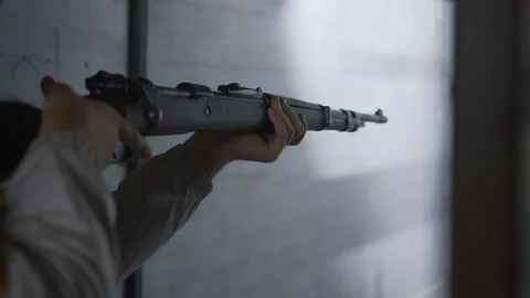 Reloading weapon and aiming in the shooting range Video stock 119587366