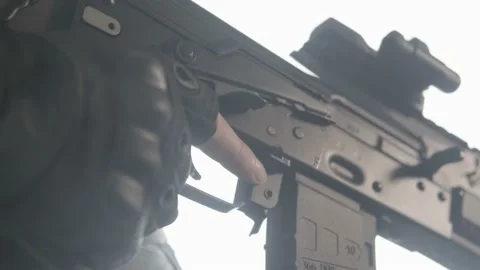 Reloading weapons. Close-up. Saiga TG2. Stock Footage 199573922