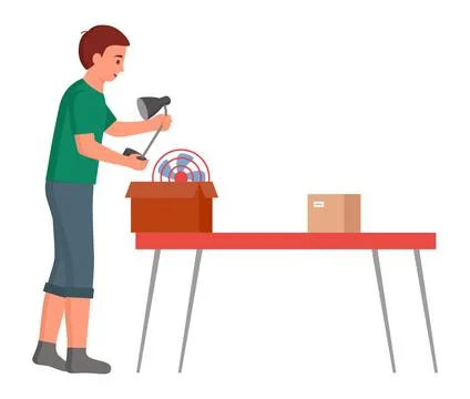 Relocation and move to new house concept. Young male character moving into new Illustrazione stock