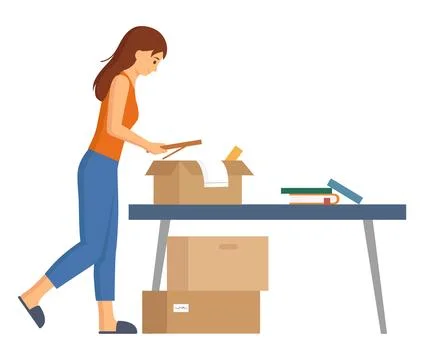 Relocation and move to new house concept. Young female character moving into new Stock Illustration