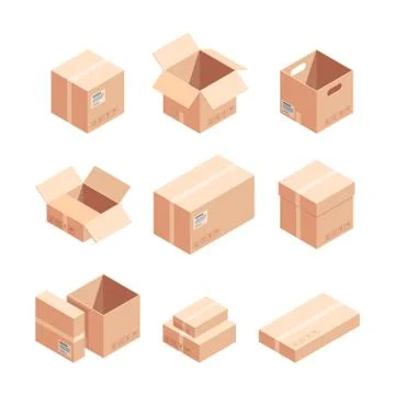 Relocation carton boxes isometric 3D vector illustrations set Stock Illustration