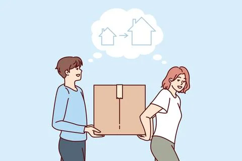 Relocation of happy couple carrying box while moving and thinking about Stock Illustration
