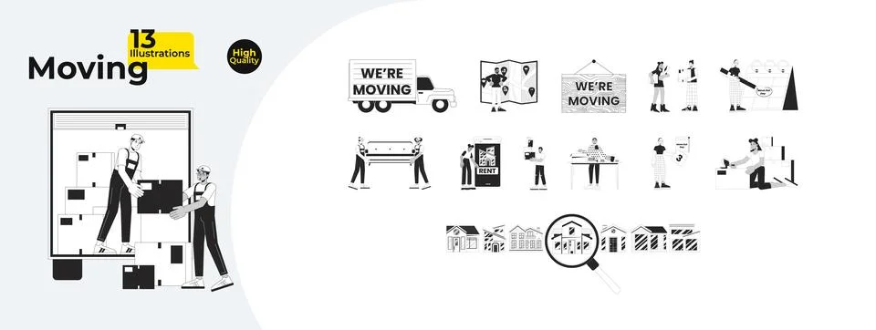 Relocation moving black and white cartoon flat illustration bundle Illustrazione stock