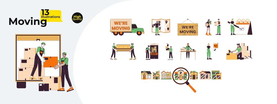 Relocation moving line cartoon flat illustration bundle 스톡 일러스트