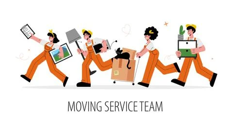 Relocation or moving service concept. Group of people in help to move quickly Illustrazione stock
