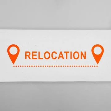 Relocation with orange pin points and a dashed line on a white surface. emp.. Stock Photos
