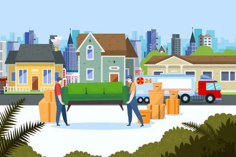 Relocation service delivery, vector illustration. Home estate transportation 스톡 일러스트