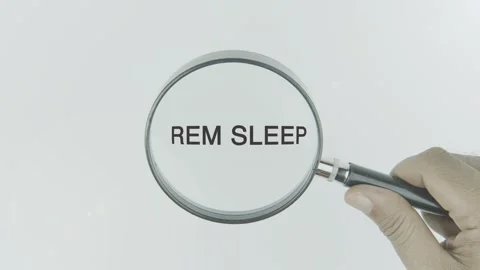 REM Sleep text or word highlighted by a magnifying glass in a hand Stock Footage 303700770