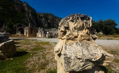 Remained architectural elements at Turkish archaeological site of Myra on sunny 스톡 사진