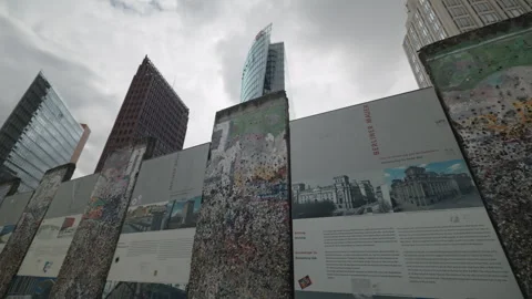 Remaining segments of the Berlin Wall with Berliner Mauer information panels at Stock Footage 346240489