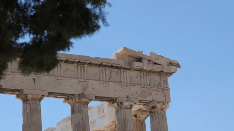 Remains of the Acropolis in Athens, Greece in front of a blue sky background. Stock Footage 200548810