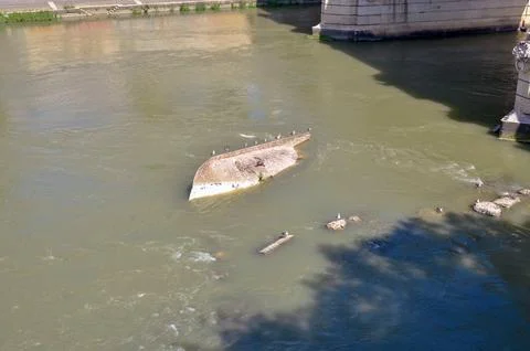 Remains of Ancient Bridge in River Stock Photos