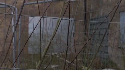Remains building after fire through view of fence Stock Footage 152704823